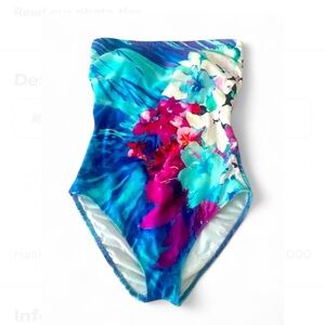 Gottex Vintage Women’s 8 Strapless One Piece Swimsuit Blue Pink Florals Vacation